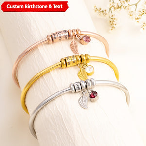Personalized Bead Name With Birthstone Leaf Charm Bracelet Bangle, Gift For Grandma Mom