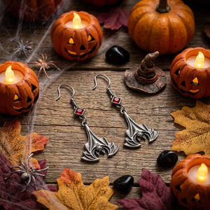 Vintage Gothic Bat Drop Earrings – Red Crystal Dangle Jewelry, Halloween Gift for Her