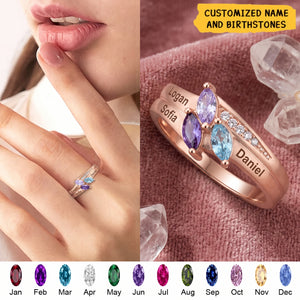 Dainty Gold Leaf Personalized Birthstone Ring - Mother Grandma Family Ring Gift