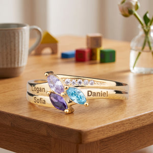 Dainty Gold Leaf Personalized Birthstone Ring - Mother Grandma Family Ring Gift