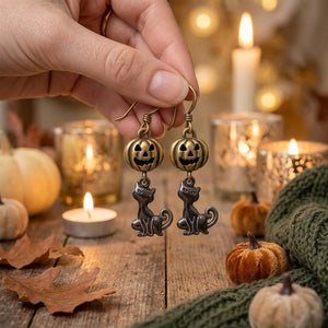 Vintage Pumpkin & Black Cat Earrings – Halloween Dangle Jewelry, Spooky Gift for Her