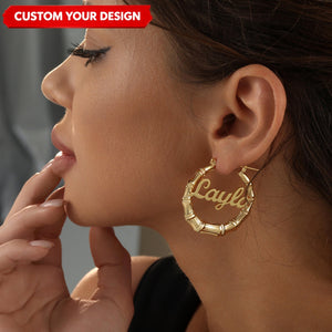Personalized Name Bamboo Name Hoop Earrings Nameplate Jewelry Gift For Women