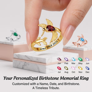 Hummingbird Leaf Personalized Birthstone Engraved Memorial Ring