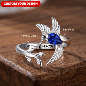 Hummingbird Leaf Personalized Birthstone Engraved Memorial Ring