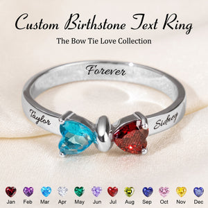 Adorable Bow Custom Heart Birthstone Personalized Engraving Names Ring, Gift For Couple