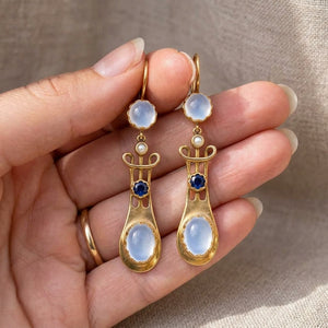 Vintage Art Nouveau Moonstone Sapphire Dangle Earrings - Elegant Copper Jewelry, Unique Gift for Her