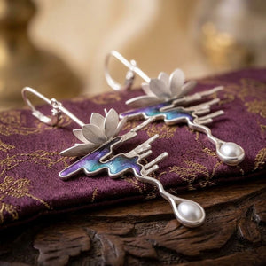 Vintage 3D Lotus Cloud Mountain Pearl Earrings - Artistic Dangle Jewelry, Unique Gift for Her