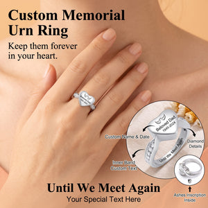 Personalized Name Date Memorial Heart Urn Ring - Custom Silver Jewelry for Loss