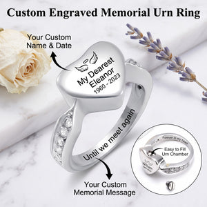 Personalized Name Date Memorial Heart Urn Ring - Custom Silver Jewelry for Loss