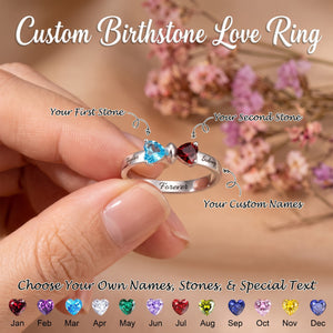 Adorable Bow Custom Heart Birthstone Personalized Engraving Names Ring, Gift For Couple