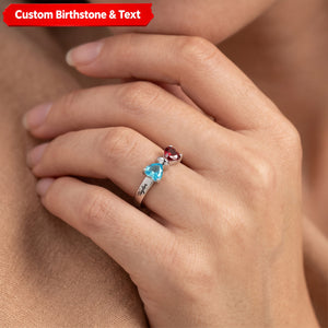 Adorable Bow Custom Heart Birthstone Personalized Engraving Names Ring, Gift For Couple