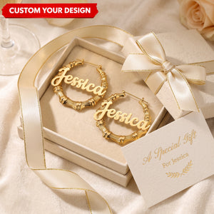 Personalized Name Bamboo Name Hoop Earrings Nameplate Jewelry Gift For Women