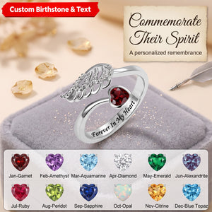 Angel Wing Ring Feather Heart Memorial Personalized Birthstone Engrave Ring Sterling Silver Jewelry Gift for Women