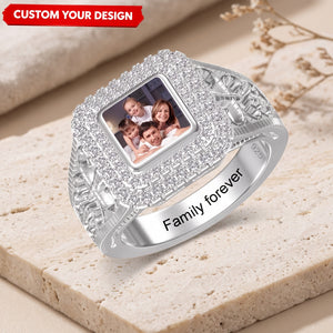 Custom Photo Engraved Name Personalized Square Shaped Ring with Sparkling Diamond Memorial Jewelry Gift For Family Mom Wife Girlfriend