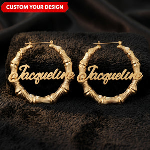Personalized Name Bamboo Name Hoop Earrings Nameplate Jewelry Gift For Women