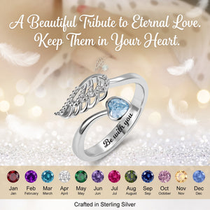 Angel Wing Ring Feather Heart Memorial Personalized Birthstone Engrave Ring Sterling Silver Jewelry Gift for Women