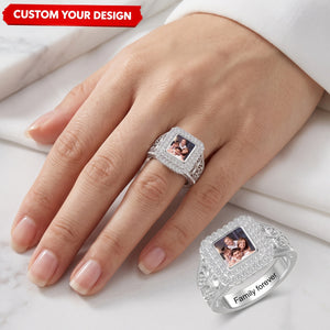 Custom Photo Engraved Name Personalized Square Shaped Ring with Sparkling Diamond Memorial Jewelry Gift For Family Mom Wife Girlfriend