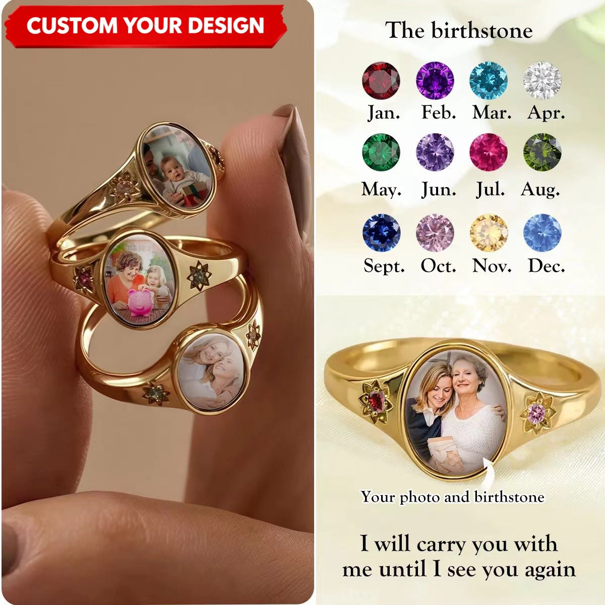 Custom Photo Ring With Birthstones Gift For Her - Personalized Rings