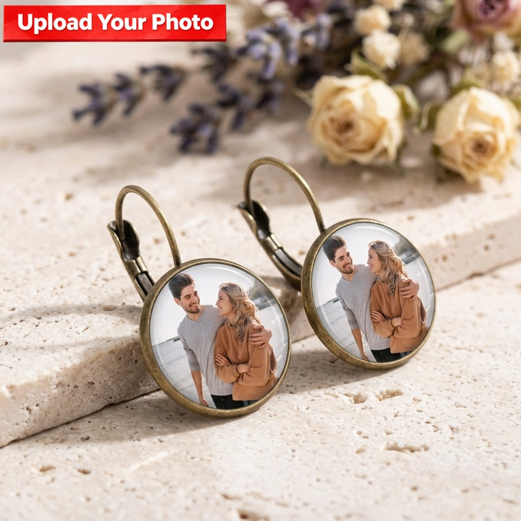 Personalized Photo Earrings – Vintage Round Crystal Drop Jewelry, Meaningful Keepsake Gift