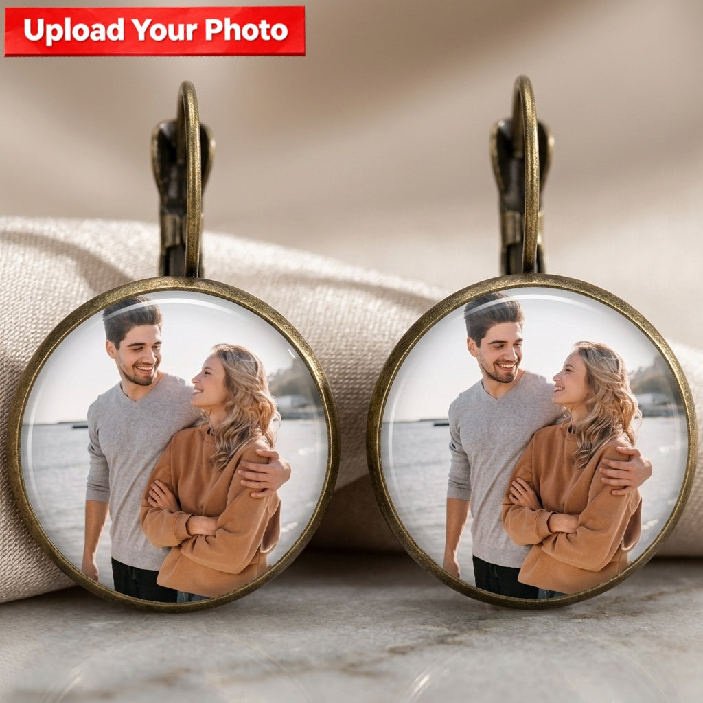 Personalized Photo Earrings – Vintage Round Crystal Drop Jewelry, Meaningful Keepsake Gift
