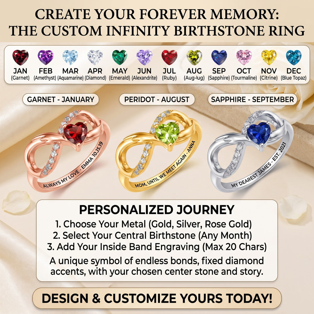 Personalized Angel Wing Heart Birthstone Engraved Infinity Ring Birthday Anniversary Gift for Her