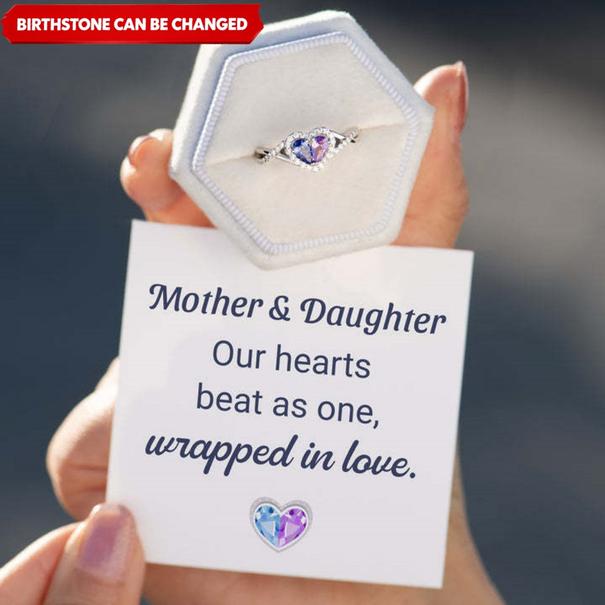 Mother & Daughter Dual Water Teardrop Birthstone Heart Ring Personalized Birthstone Jewelry