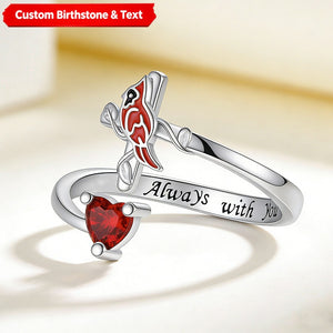 Cardinal On Cross Heart Birthstone Memorial Personalized Ring Rememberance Gift
