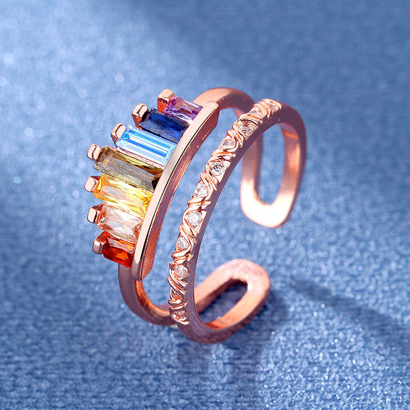 Dainty Rainbow Ring Wedding Band Baguette Cut Birthstone Gemstone Ring Jewelry Gift For Her