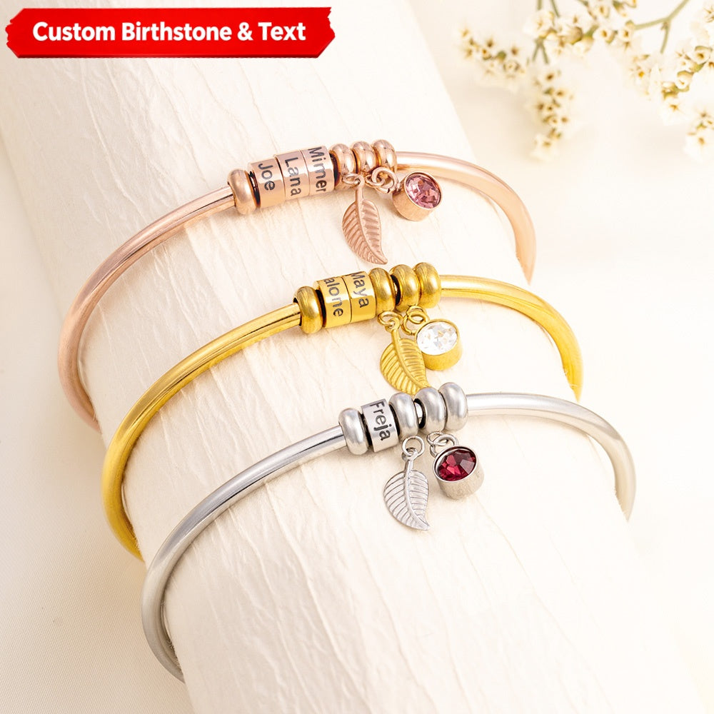 Personalized Bead Name With Birthstone Leaf Charm Bracelet Bangle, Gift For Grandma Mom