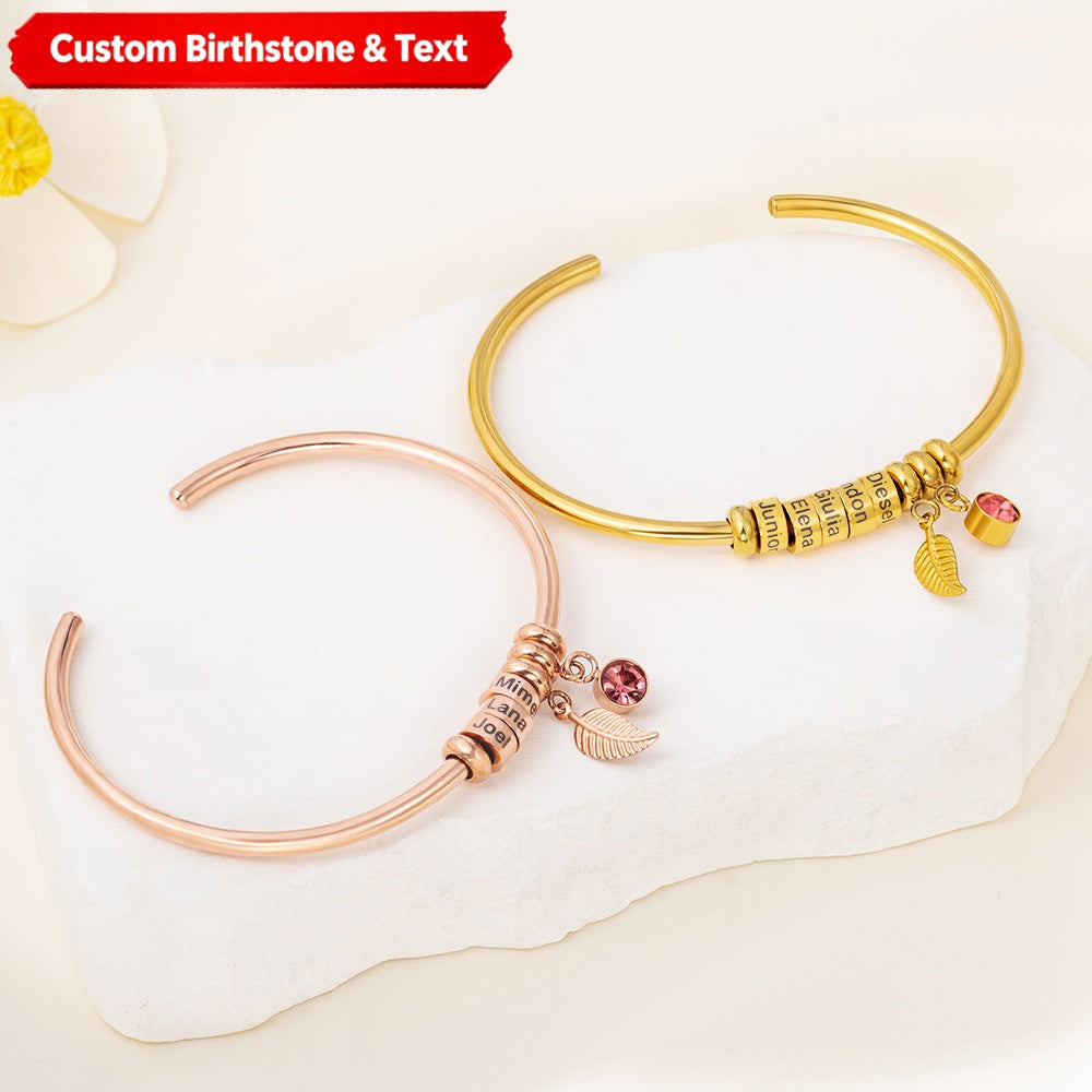 Personalized Bead Name With Birthstone Leaf Charm Bracelet Bangle, Gift For Grandma Mom