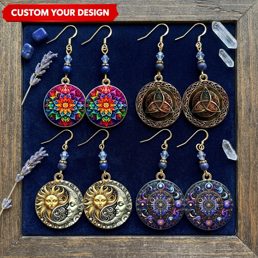 Custom Witchy Mandala Earrings Round Disc Celestial Mystic Dangle Jewelry Gift for Her