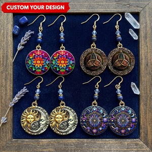 Custom Witchy Mandala Earrings Round Disc Celestial Mystic Dangle Jewelry Gift for Her