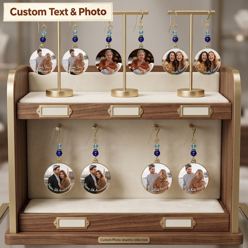 Personalized "You & Me" Photo Earrings – Custom Round Disc Keepsake Jewelry Anniversary Gift for Her