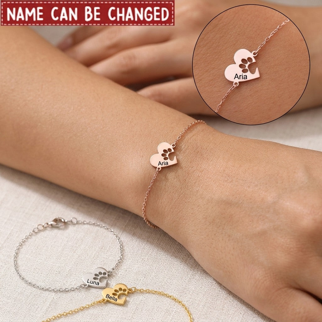 Personalized Heart Paw Print Bracelet - Custom Pet Name Keepsake Jewelry Meaningful Gift for Pet Lovers