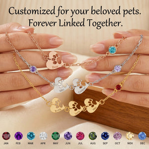 Personalized Heart Paw Print Birthstone Necklace - Custom Pet Name Jewelry Stainless Steel Gift for Pet Lovers