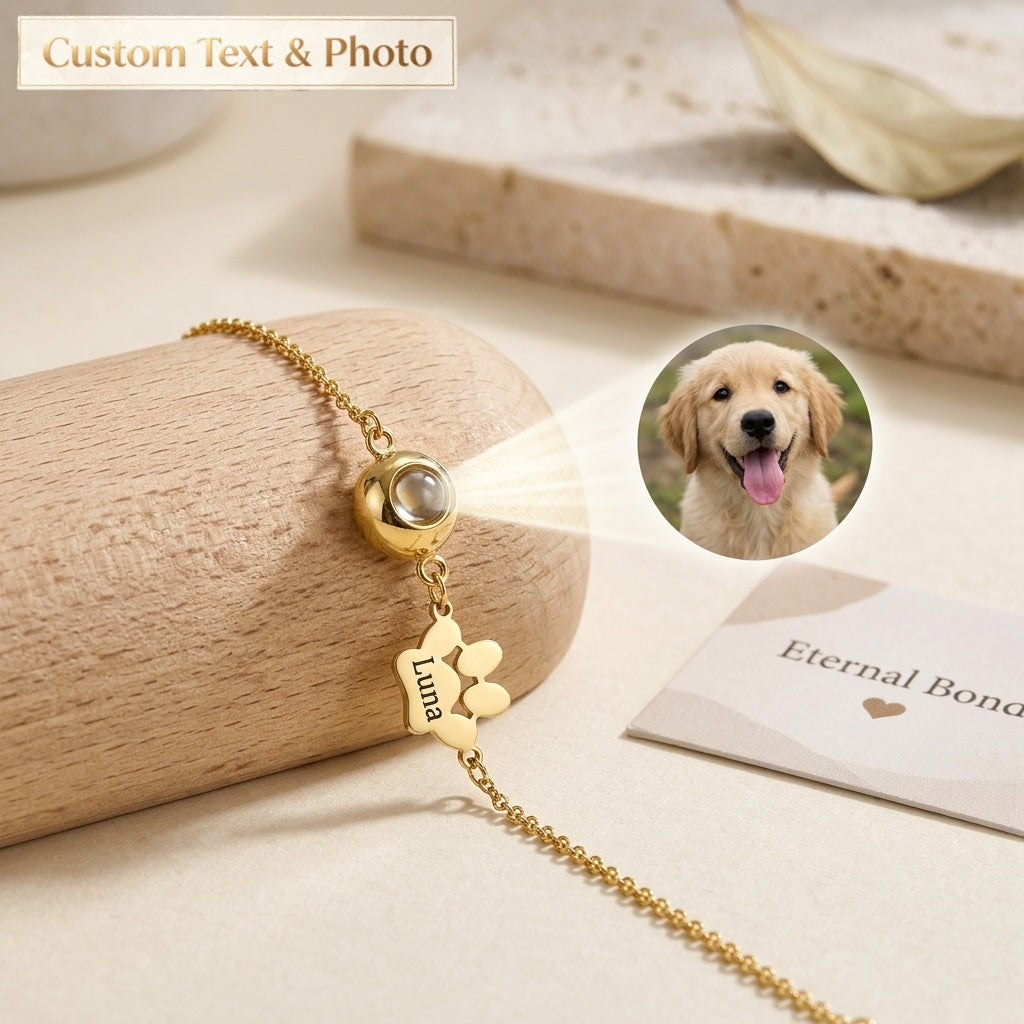 Personalized Pet Photo Projection Bracelet - Custom Pet Name Dog & Cat Keepsake Jewelry Gift