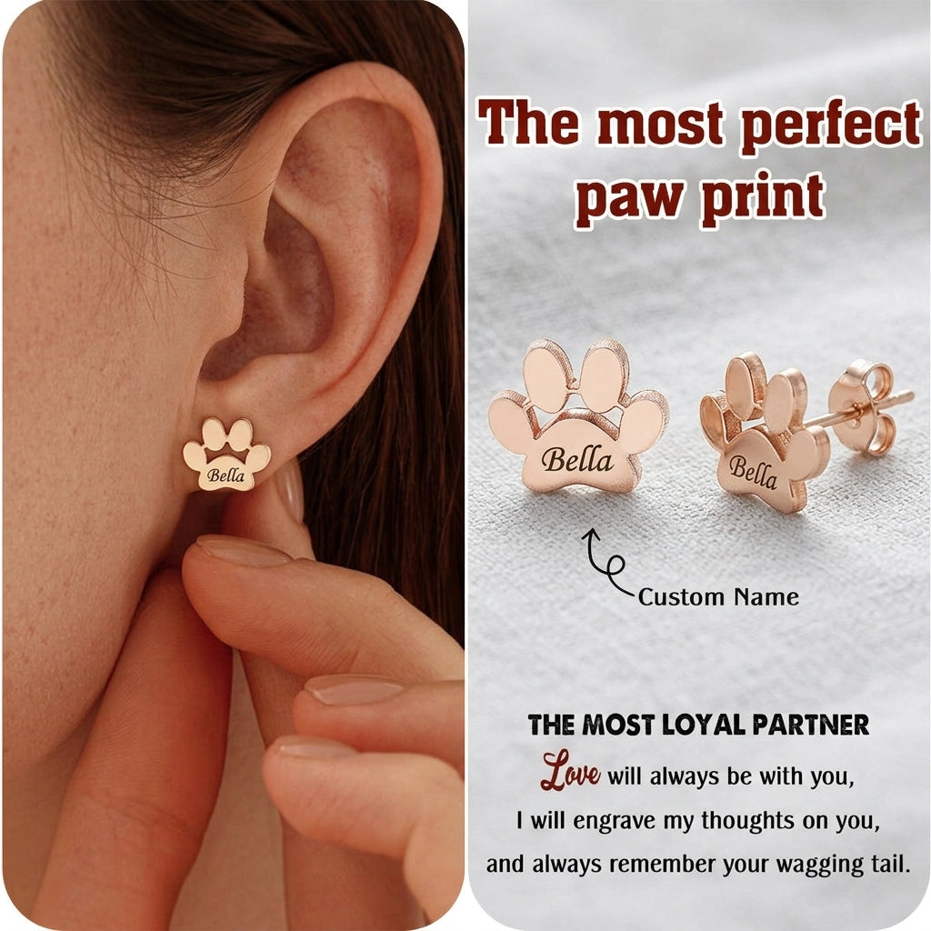 Personalized Paw Print Name Earrings - Engraved Pet Name Studs, Minimalist Gift for Pet Lovers