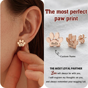 Personalized Paw Print Name Earrings - Engraved Pet Name Studs, Minimalist Gift for Pet Lovers