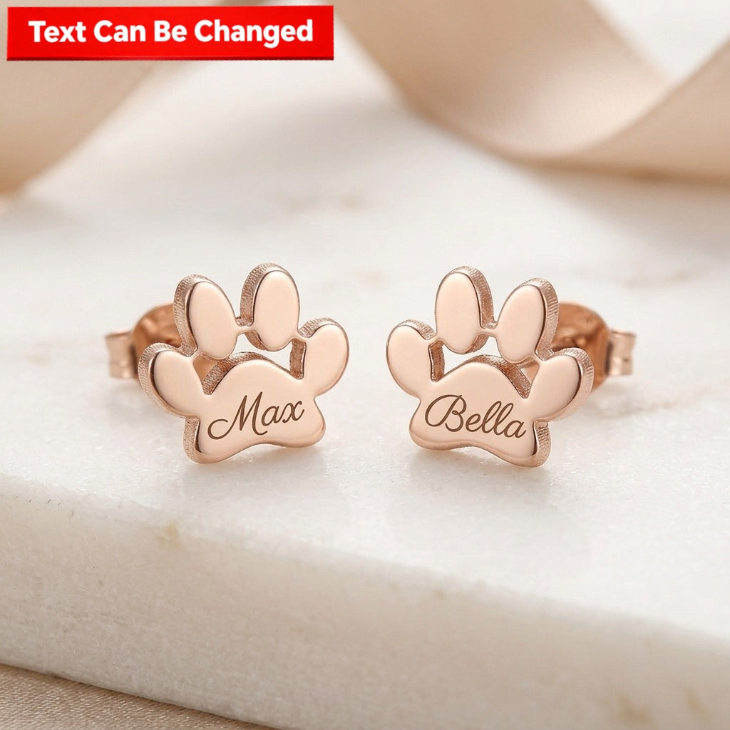 Personalized Paw Print Name Earrings - Engraved Pet Name Studs, Minimalist Gift for Pet Lovers