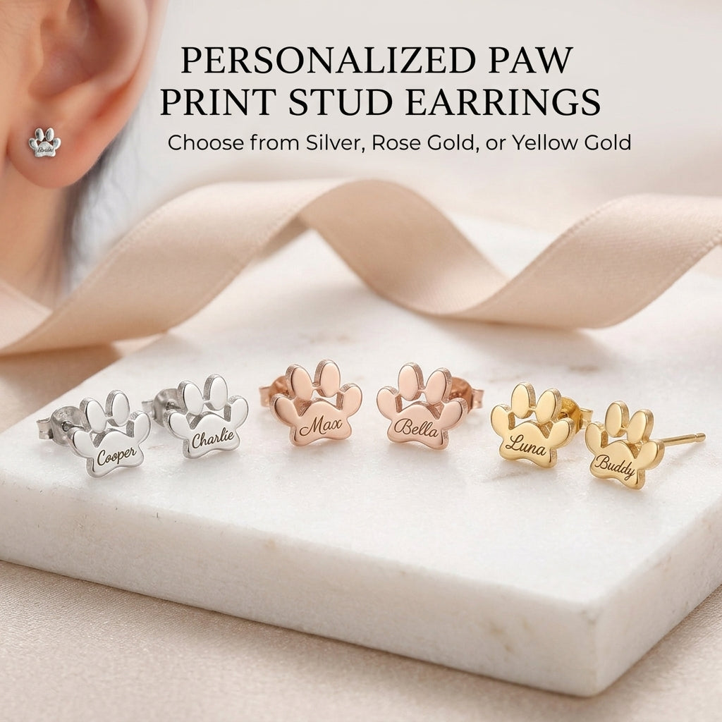 Personalized Paw Print Name Earrings - Engraved Pet Name Studs, Minimalist Gift for Pet Lovers