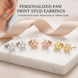 Personalized Paw Print Name Earrings - Engraved Pet Name Studs, Minimalist Gift for Pet Lovers