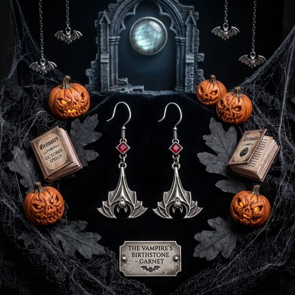 Vintage Gothic Bat Drop Earrings – Red Crystal Dangle Jewelry, Halloween Gift for Her