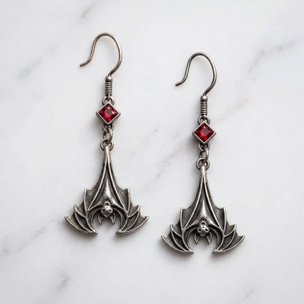 Vintage Gothic Bat Drop Earrings – Red Crystal Dangle Jewelry, Halloween Gift for Her