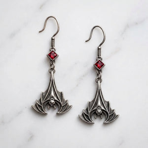 Vintage Gothic Bat Drop Earrings – Red Crystal Dangle Jewelry, Halloween Gift for Her
