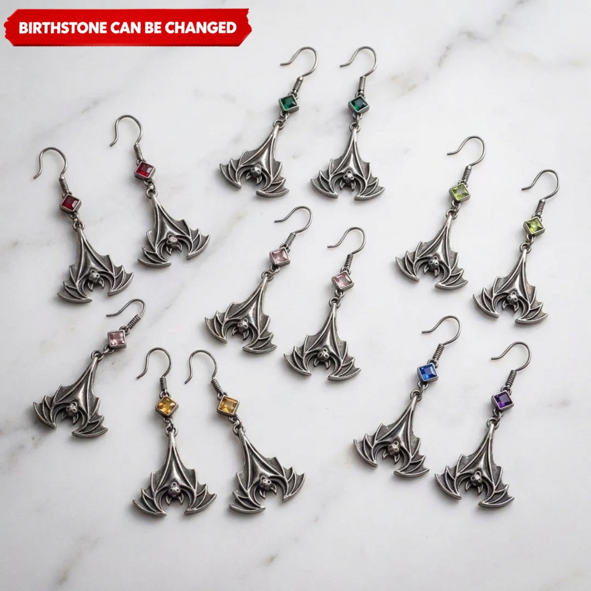 Custom Square Birthstone Bat Earrings – Vintage Gothic Red Crystal Drop Jewelry for Her