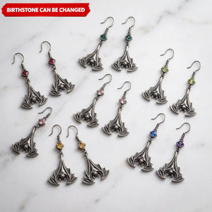 Custom Square Birthstone Bat Earrings – Vintage Gothic Red Crystal Drop Jewelry for Her
