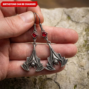 Custom Square Birthstone Bat Earrings – Vintage Gothic Red Crystal Drop Jewelry for Her