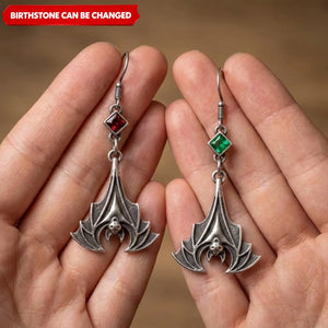 Custom Square Birthstone Bat Earrings – Vintage Gothic Red Crystal Drop Jewelry for Her