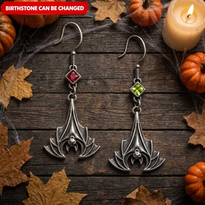 Custom Square Birthstone Bat Earrings – Vintage Gothic Red Crystal Drop Jewelry for Her