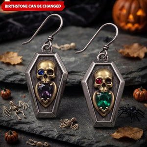 Personalized Birthstone Coffin Skull Dangle Earrings – Vintage Gothic Antique Brass Jewelry